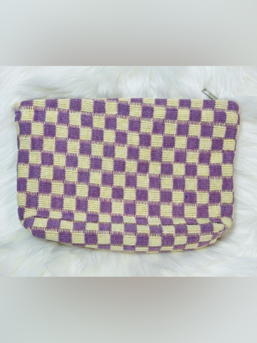 Checked Lavender & Cream Knit Clutch Bag